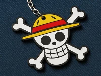 Imagem de referência do modelo 3D Chaveiro Jolly Roger — One Piece; foto ilustrativa, cores finais azul ou azul com verde.