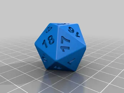 Imagem de referência do modelo 3D Dado D20 para jogos; foto ilustrativa, cores finais azul ou azul com verde.